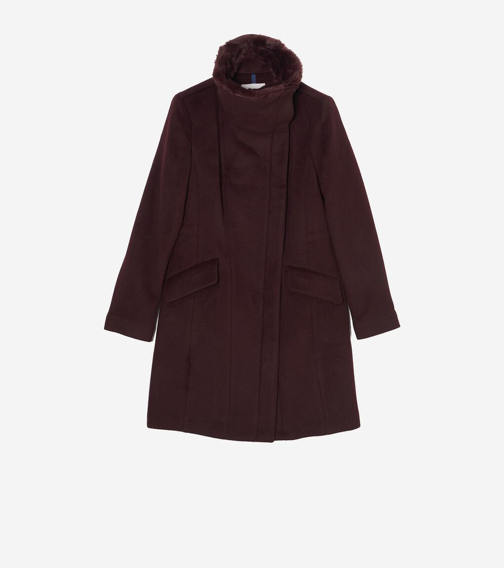 ジップアップアシンメトリカル コートW/ファーカラー womens.