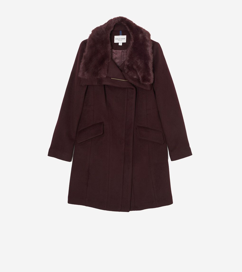 ジップアップアシンメトリカル コートW/ファーカラー womens.