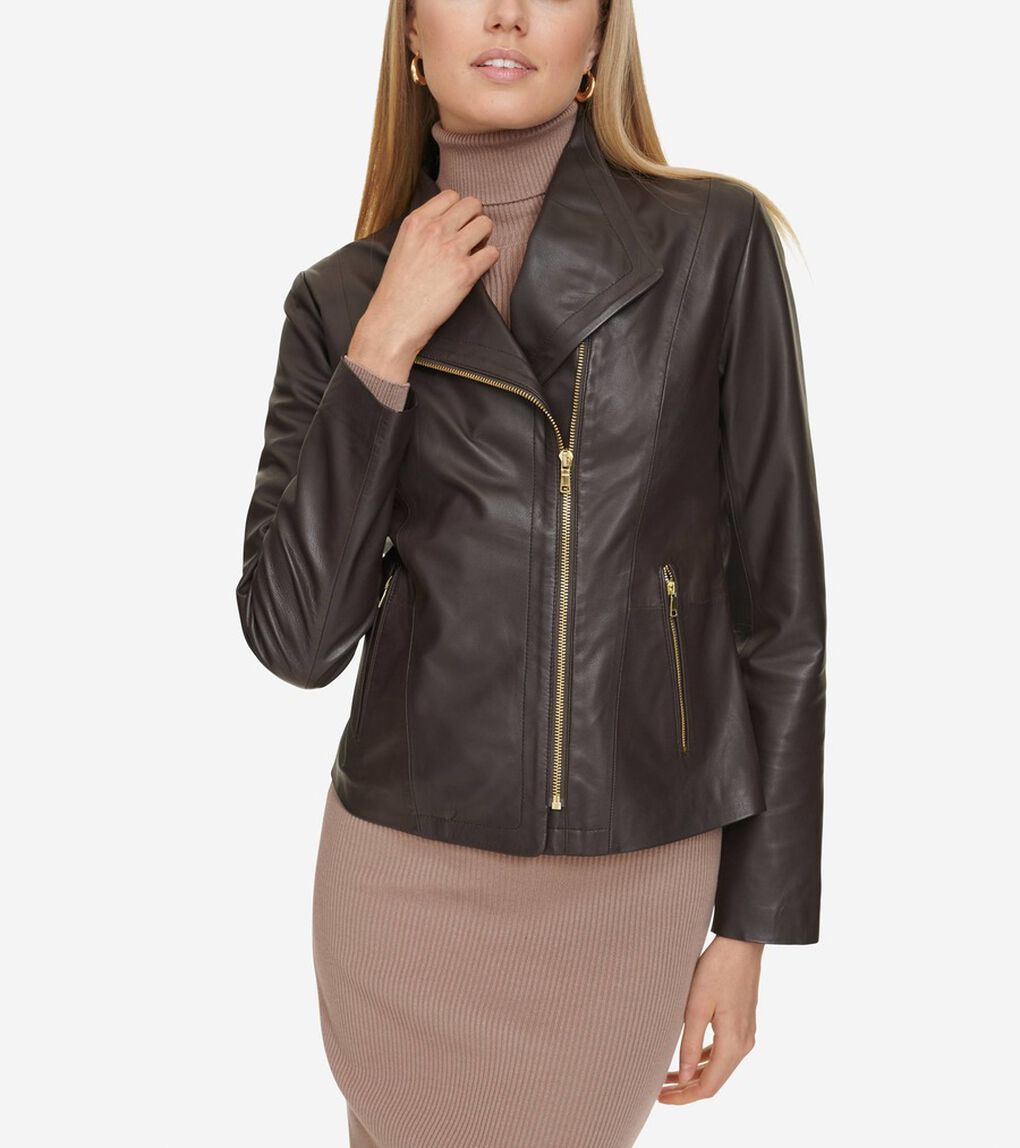 モウルデッドカラーアシンメトリックレザージャケット womens.