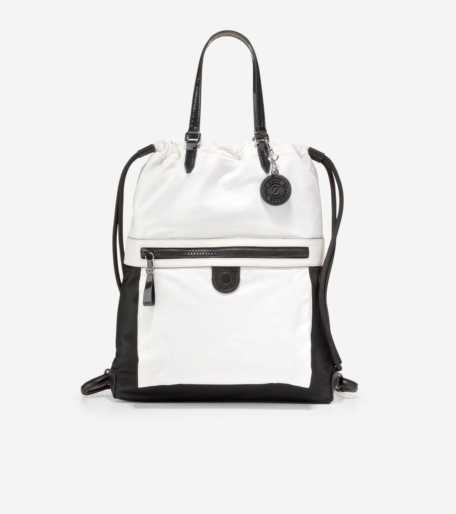 COLE HAAN ホワイト ドローストリングバッグ ウォーブン レザー ドローストリング バックパック womens