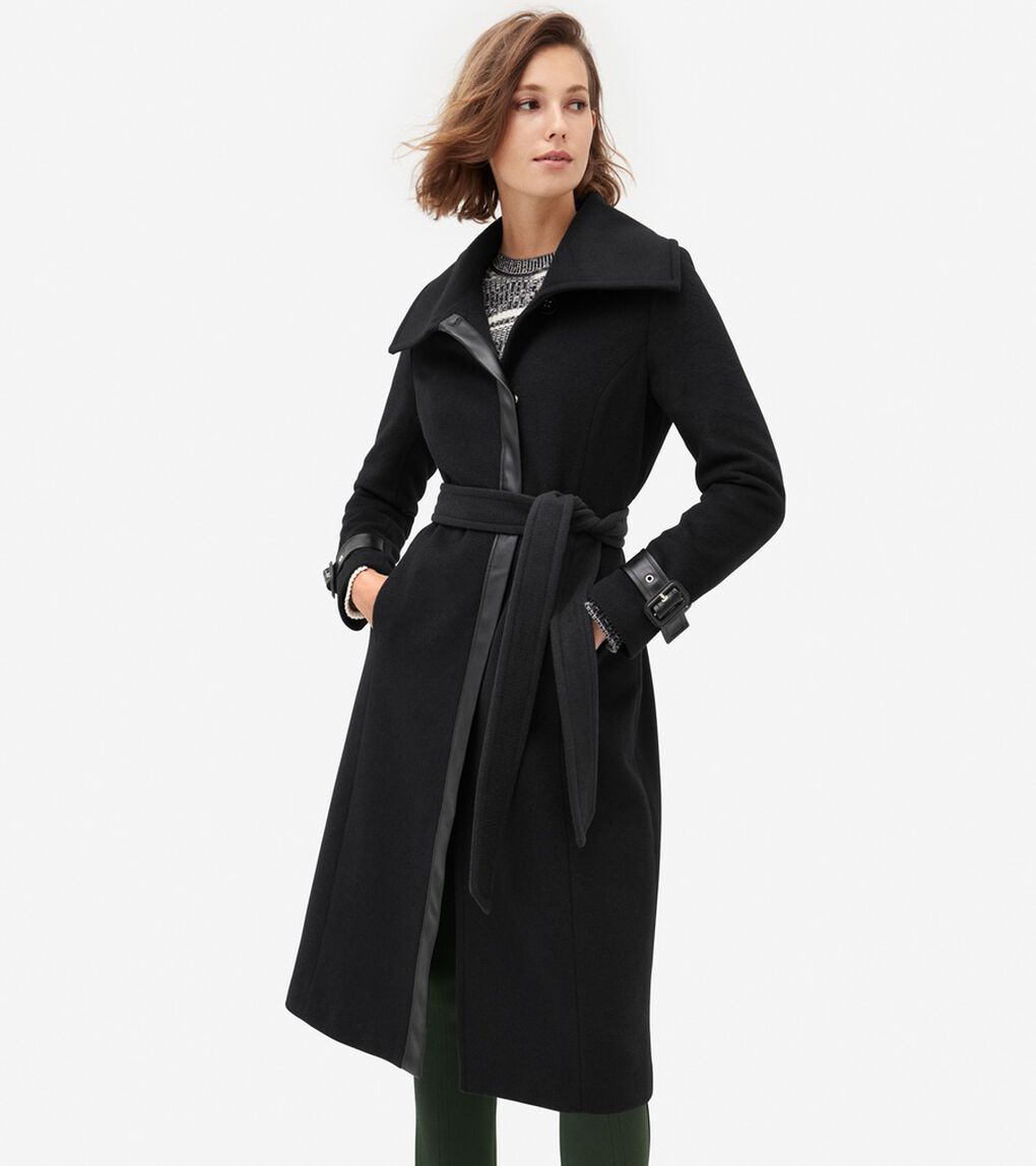 ウール ラップ コート レザートリム付き womens.