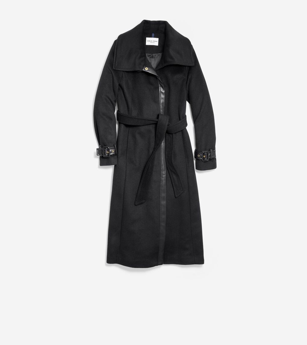 ウール ラップ コート レザートリム付き womens.