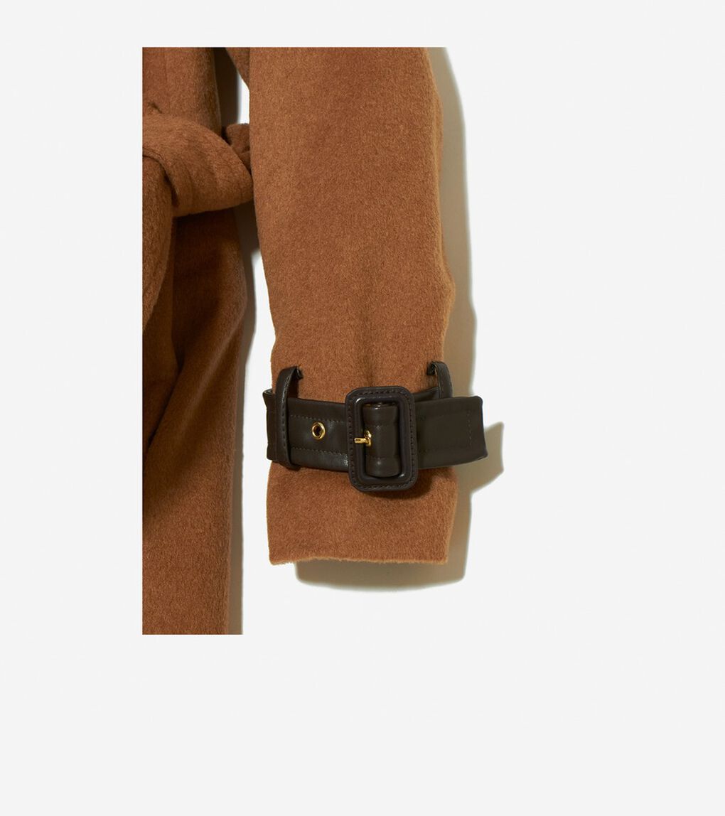 ウール ラップ コート レザートリム付き womens.