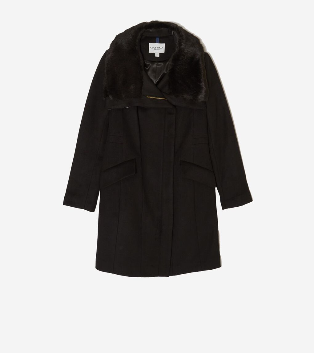 ジップアップアシンメトリカル コートW/ファーカラー womens.