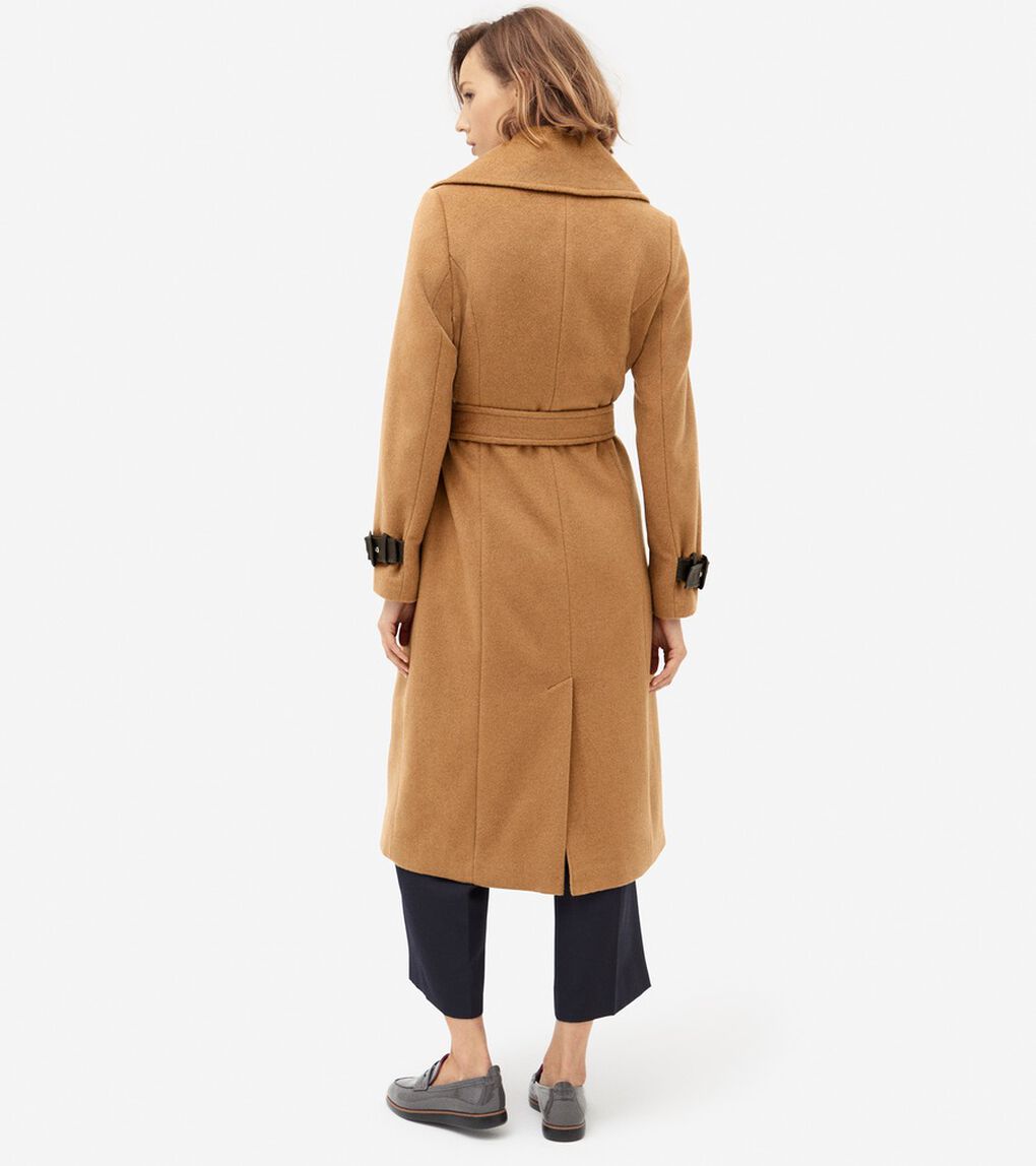 ウール ラップ コート レザートリム付き womens.