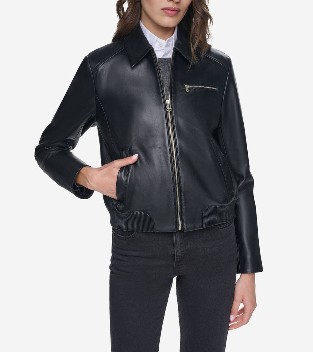 スムース レザー ボンバー ジャケット ウィズ チェストポケット womens.
