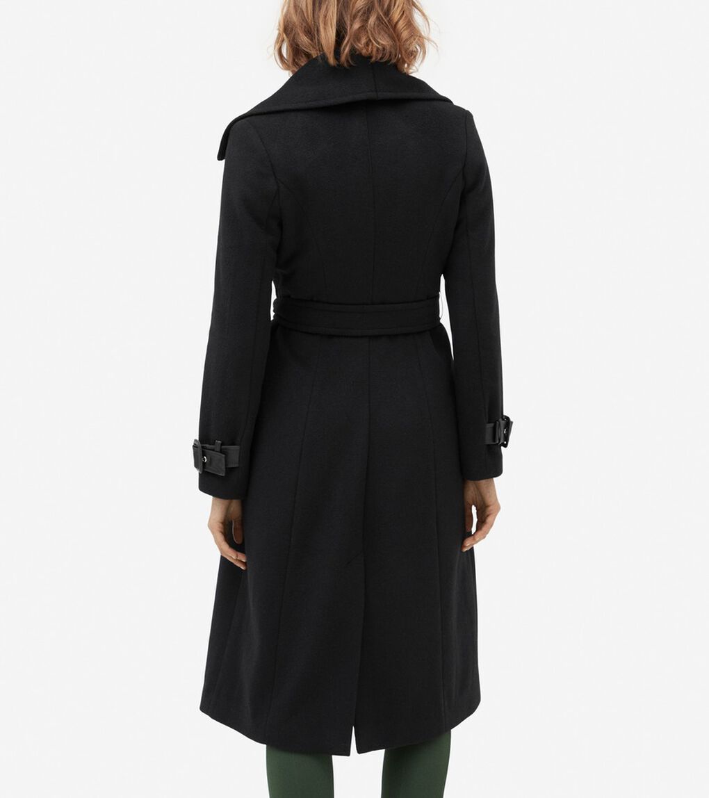 ウール ラップ コート レザートリム付き womens.