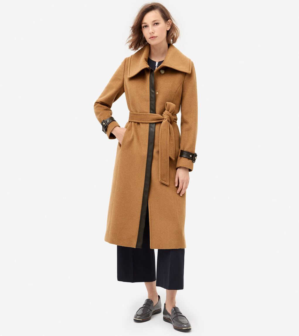 ウール ラップ コート レザートリム付き womens.