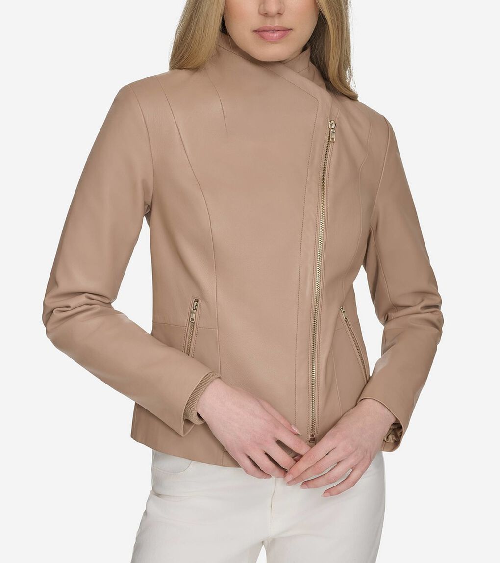 モウルデッドカラーアシンメトリックレザージャケット womens.