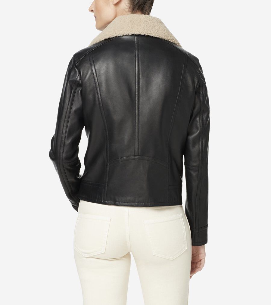 レザー モト ジャケット シャーリング カラー womens. 0.0 | COLE_HAAN